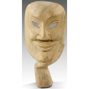 Maske Holzmaske Holzfigur Dekofigur Teak Teakholz auf Sockel Freundlich 24cm