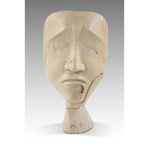Maske Holzmaske Holzfigur Dekofigur Teak Teakholz auf Sockel Traurig 24cm